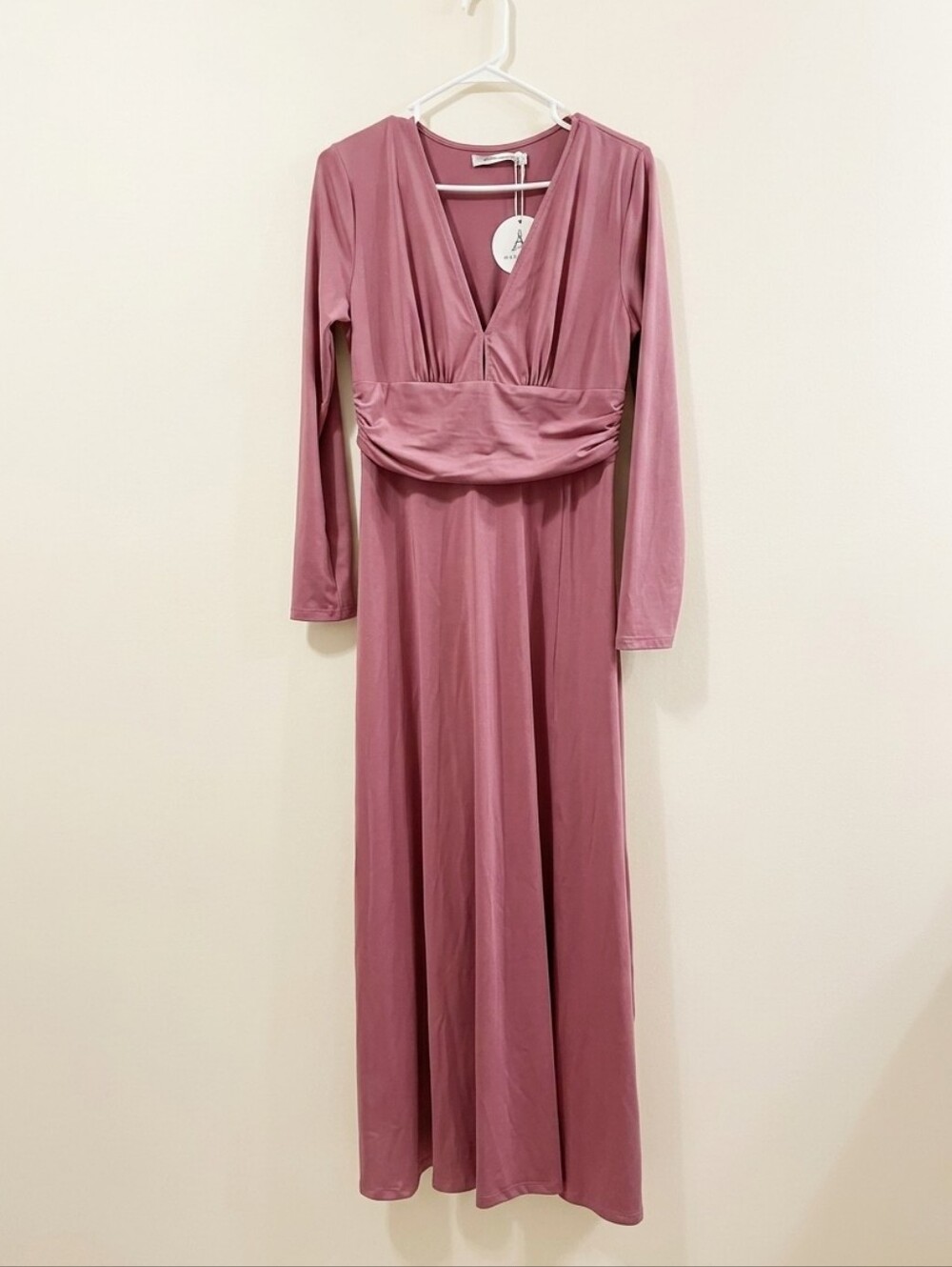 Anradess Mauve Long Sleeve Maxi Dress V-Neck Side Slit Medium NWT